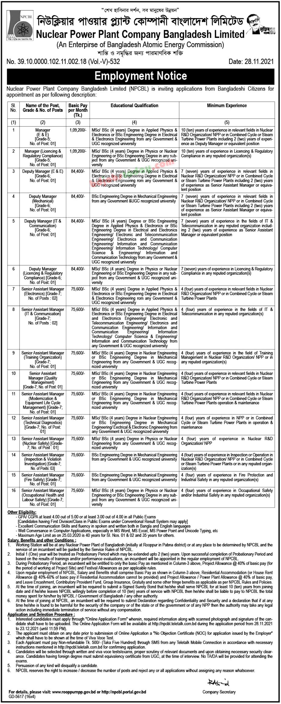 Nuclear Power Plant Company Bangladesh Limited NPCBL Senior 