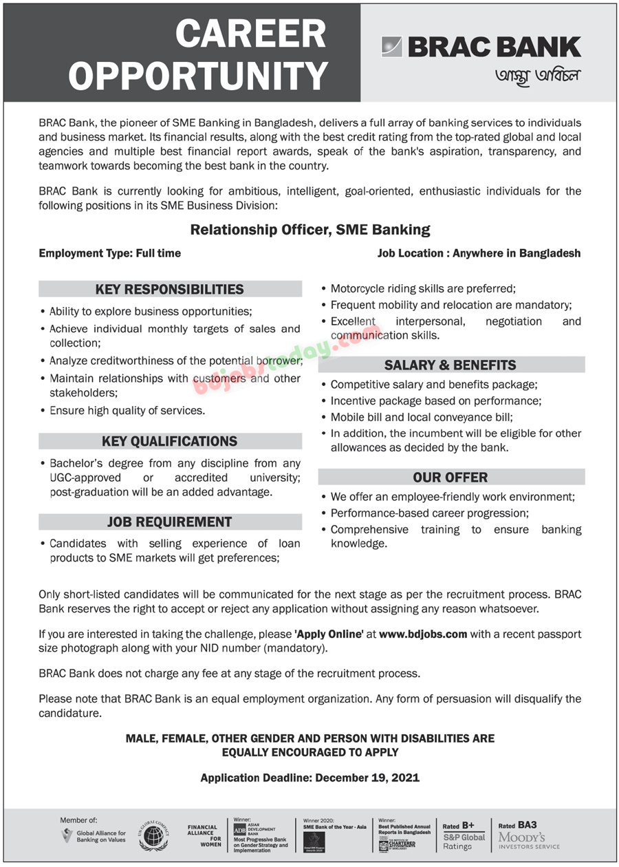 Brac Bank Limited Relationship Officer Sme Banking Jobs