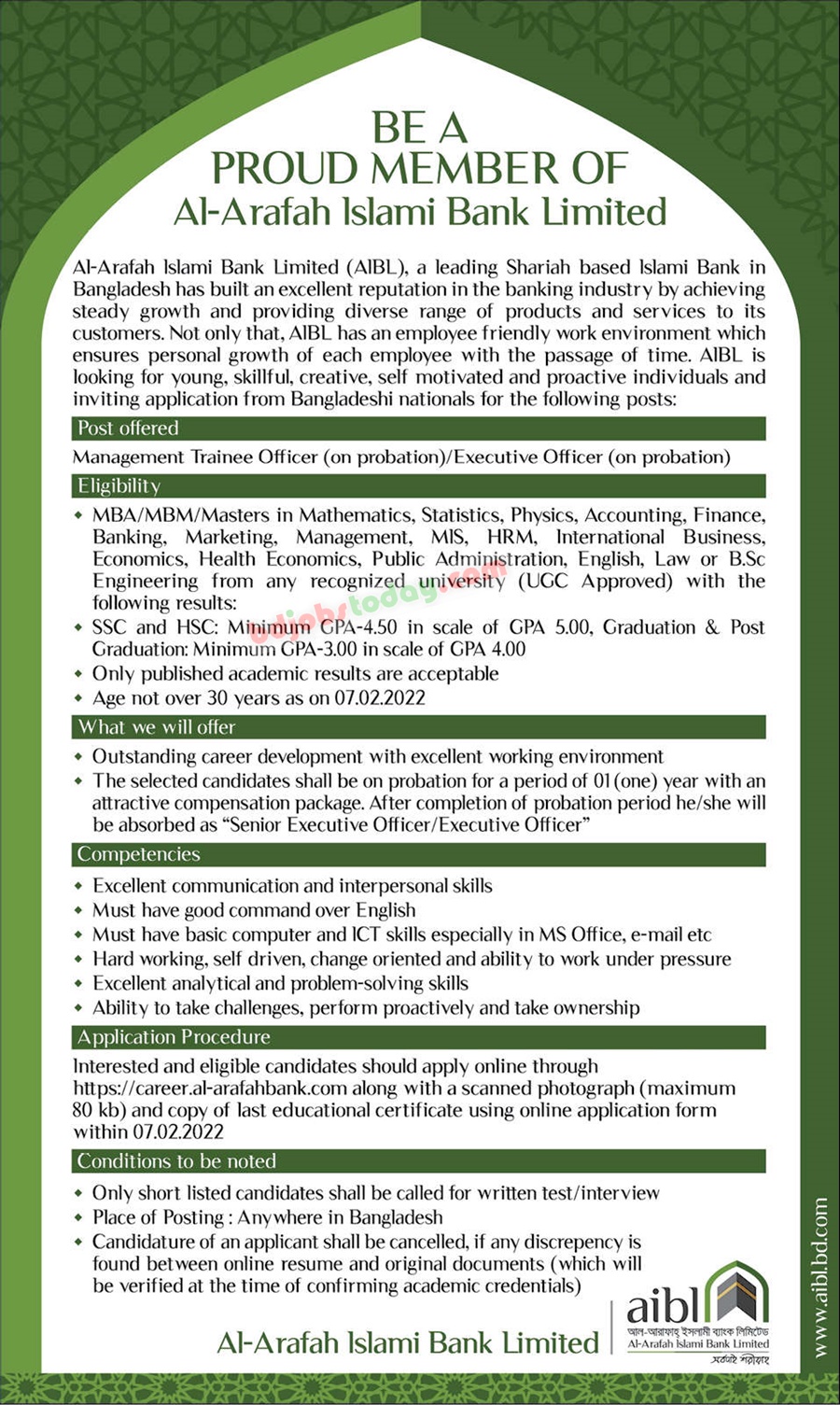 Al Arafah Islami Bank Ltd Management Trainee Officer Executive 