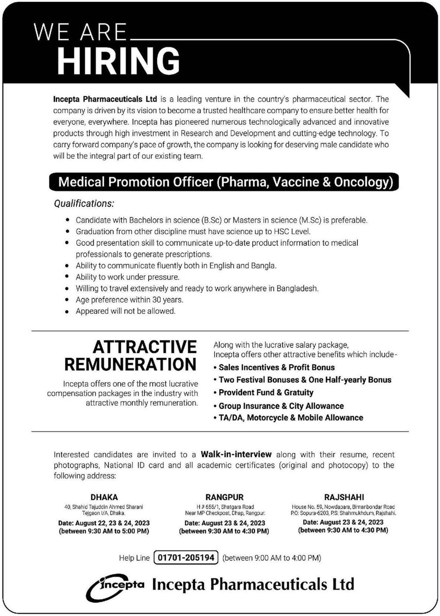 Incepta Pharmaceuticals Ltd Medical Promotion Officer Jobs 